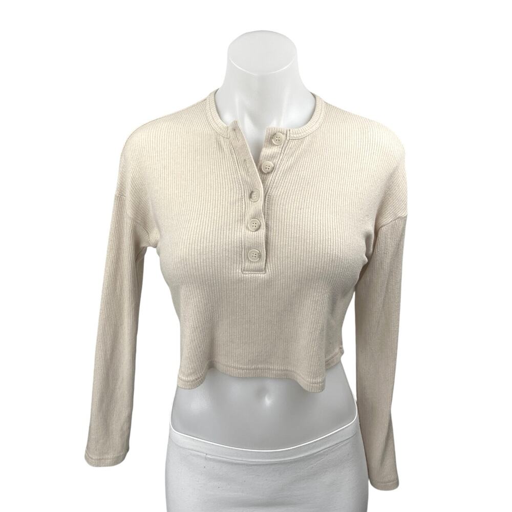 Naadam Cream Cashmere Ribbed Knit Long Sleeve Henley Crop Sweater Top Size XXS